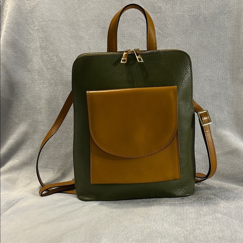 Divina Firenze Green and Tan Leather Backpack with Gold Toned Hardware